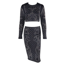Studded Design Midi Dress Party Long Sleeve 2 Piece Set Dress Pencil Black Sexy Two Piece Set Dress SM6