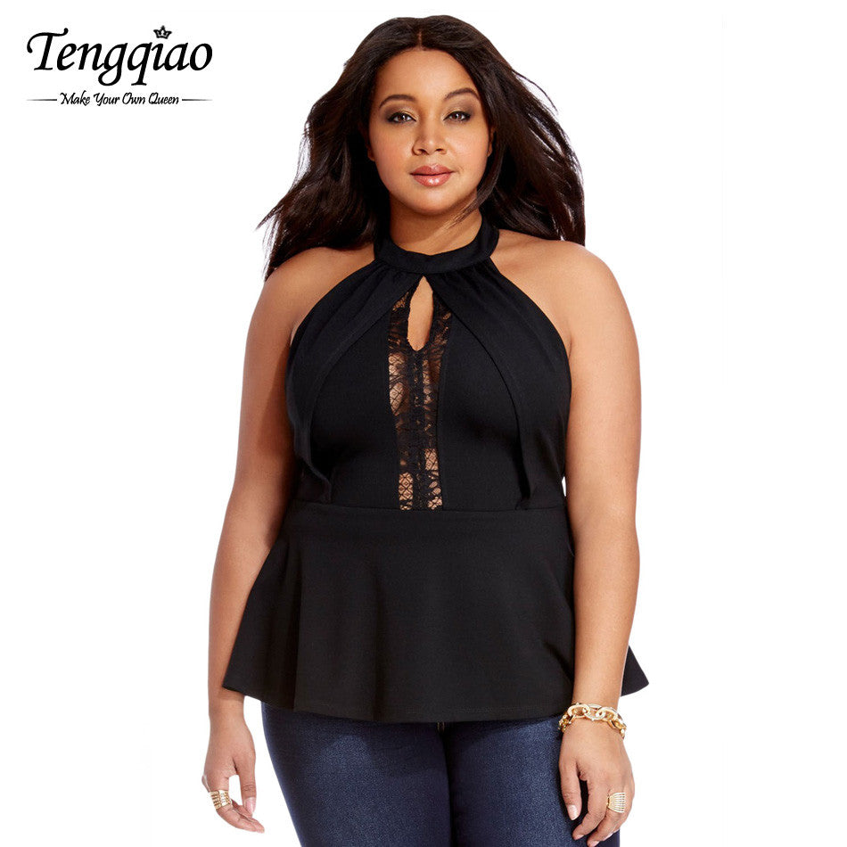 Back Zipper Sexy Lace Tank Tops Strapless Ladies Lace Plus Size Tops Black  High Neck Sleeveless Top t Shirt SM6