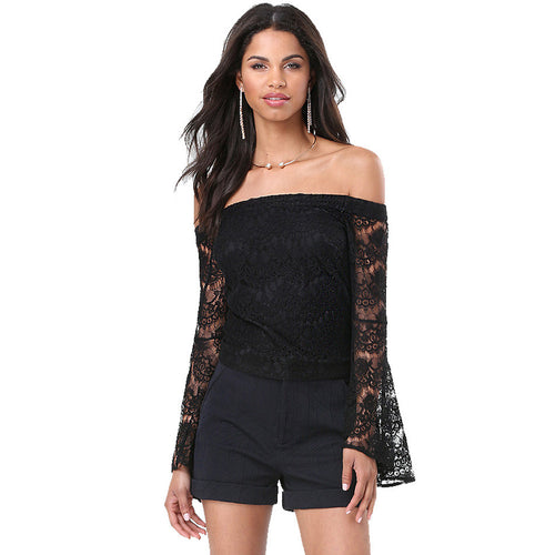 Black Long Sleeve  T-Shirt With Lace Slash Neck Off The Shoulder Top For Long Sleeve t Shirt SM6