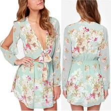 Floral Print Chiffon Mini Dress Sexy Off shoulder Boho Beach Dresses Long Sleeve Party Short Dress Cold Shoulder SM6
