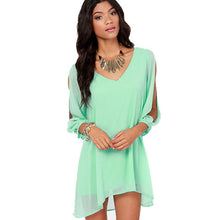 2016 Summer New Women Green V-Neck Long Sleeve Chiffon Dress Casual Fashion Loose Above Knee Mini Dress Plus Size Free Shipping SM6