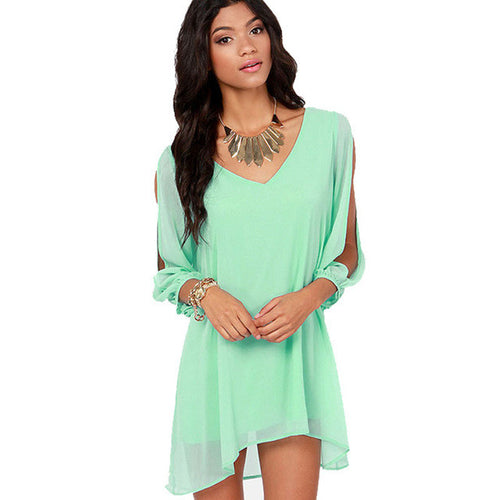2016 Summer New Women Green V-Neck Long Sleeve Chiffon Dress Casual Fashion Loose Above Knee Mini Dress Plus Size Free Shipping SM6