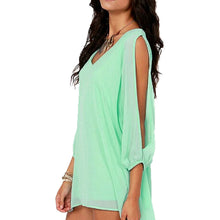 2016 Summer New Women Green V-Neck Long Sleeve Chiffon Dress Casual Fashion Loose Above Knee Mini Dress Plus Size Free Shipping SM6