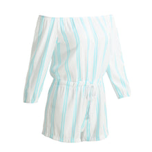 Sexy Off The Shoulder Bodysuit Women Mini Playsuits Ladies Blue Striped Long Sleeve Jumpsuits Plus Size SM6