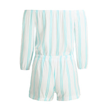 Sexy Off The Shoulder Bodysuit Women Mini Playsuits Ladies Blue Striped Long Sleeve Jumpsuits Plus Size SM6