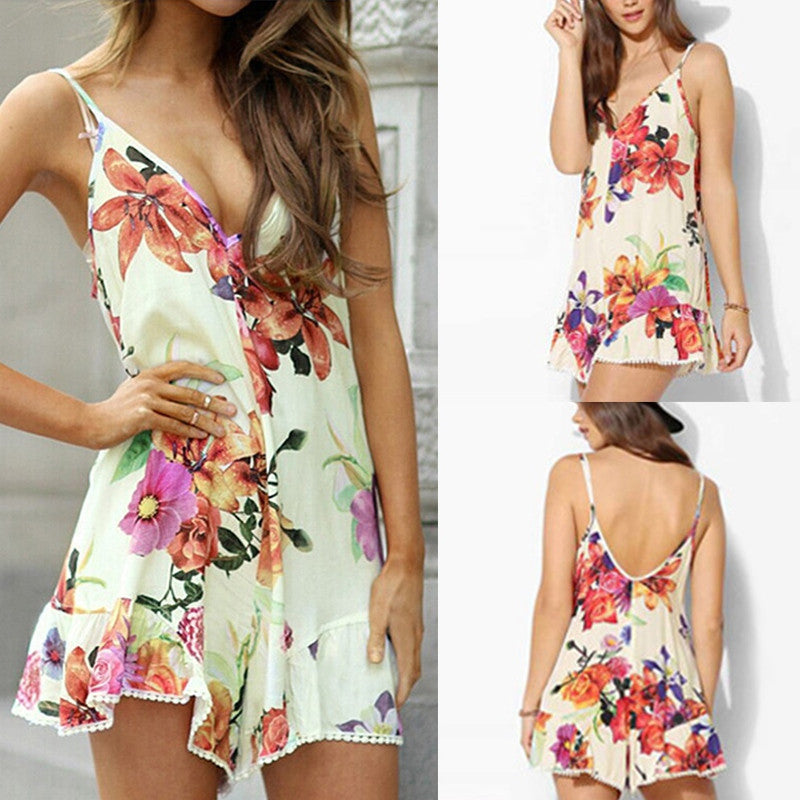 Sexy V-neck Backless flowers Print Dress Women's Casual Party Short Cute Dresses Plus Sizes SM6