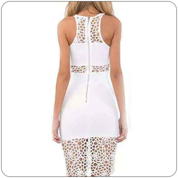 Style High Elasticity Pencil White Lace Dress Sleeveless Mini Dress Sexy Club Wear Hot White Short Dress Back Zipper SM6