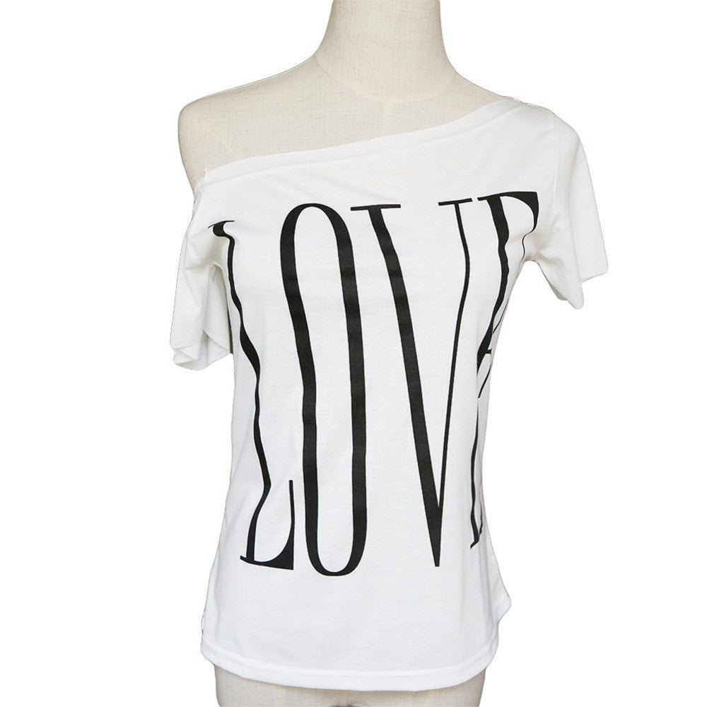 T shirt Women T-shirt Letter Print Off Shoulder Plus Size Casual Tee Shirt Women Tops Blusas Camisetas Mujer SM6