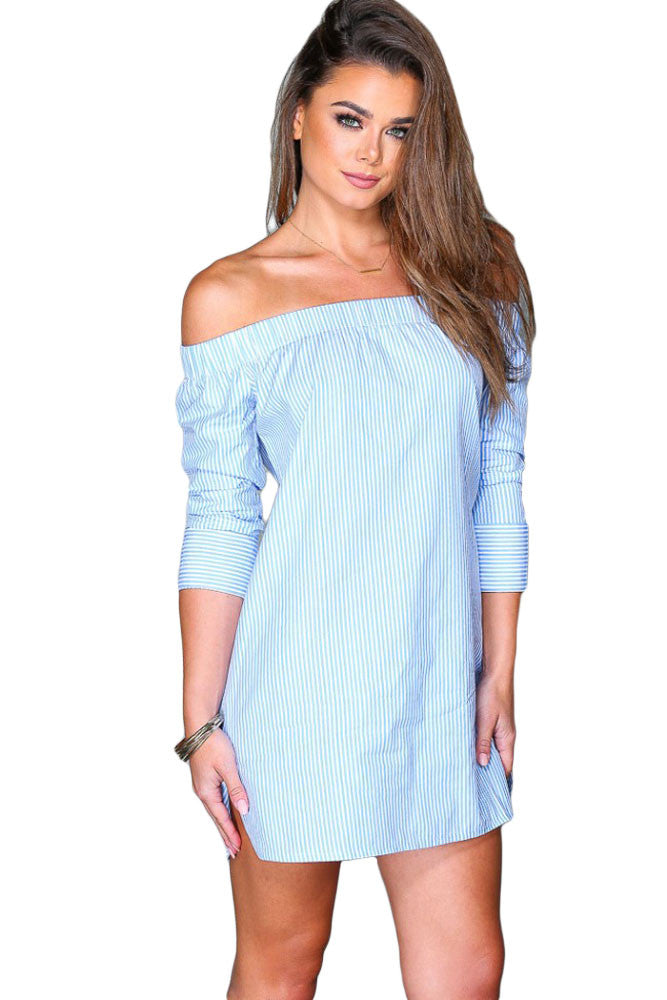 Three Quarter Long Sleeve Striped Dress Off Shoulder Dress Elegant Slash Neck Long Loose t Shirt Mini Dress SM6