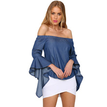 Three Quarter Ruffles Sleeve Off The Shoulder Tops For Slimming Slash Neck Backless Denim T Shirt Tops SM6