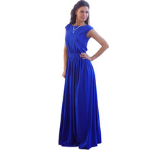 Tightening Belt  Royal Blue Pleated Long Dress Party Evening Elegant Sleeveless  Maxi Dress C959 SM6