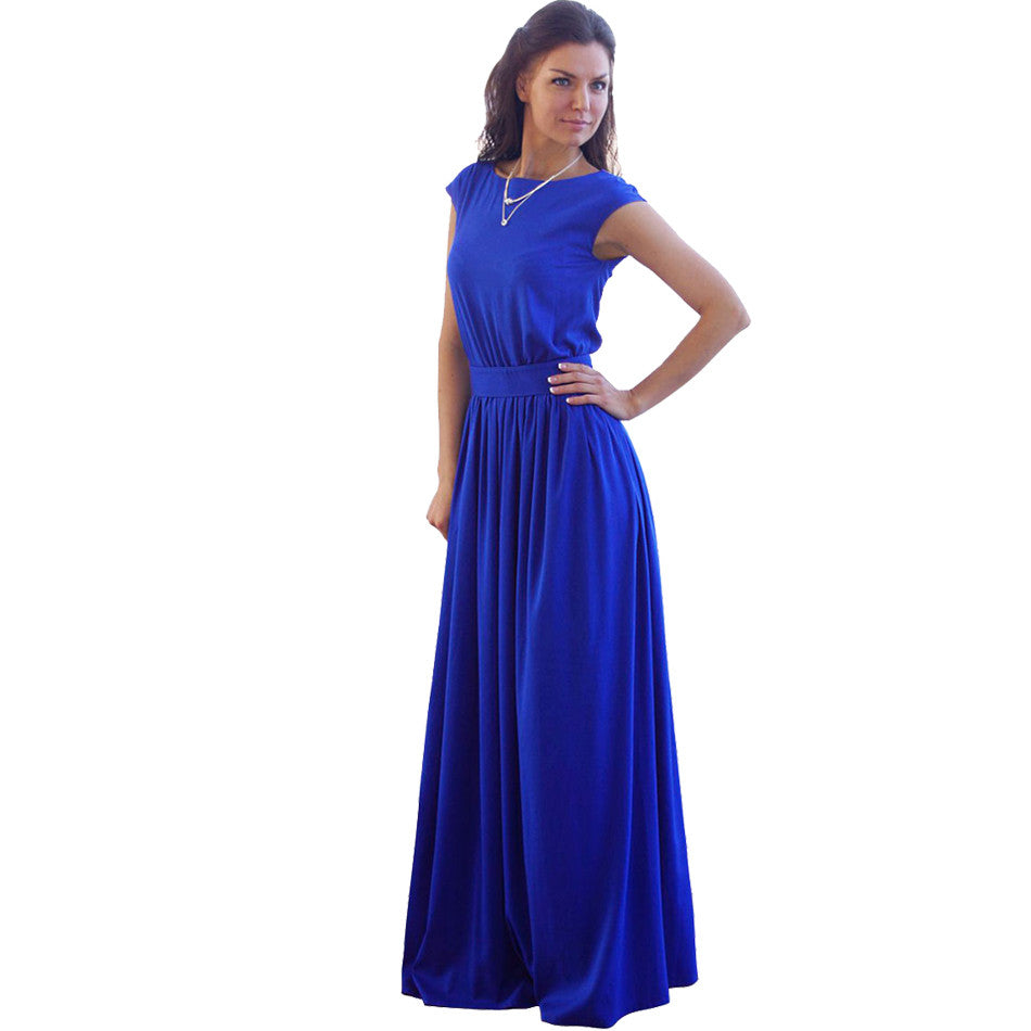 Tightening Belt  Royal Blue Pleated Long Dress Party Evening Elegant Sleeveless  Maxi Dress C959 SM6