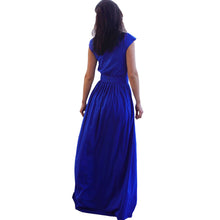 Tightening Belt  Royal Blue Pleated Long Dress Party Evening Elegant Sleeveless  Maxi Dress C959 SM6
