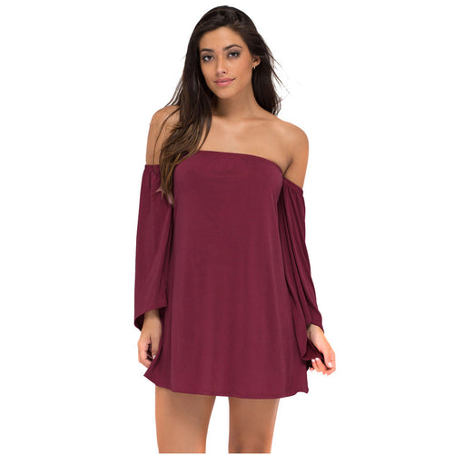 Casual Solid Dress a-Line Elegant Loose Off Shoulder Dress Flare Long Sleeve Mini Dress SM6