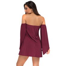 Casual Solid Dress a-Line Elegant Loose Off Shoulder Dress Flare Long Sleeve Mini Dress SM6