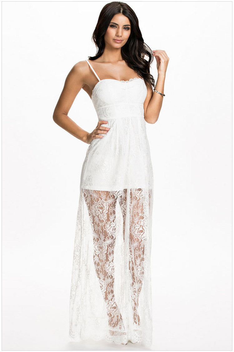 Transparent floral lace floor-length elegant long dress sleeveless spaghetti strap skater white maxi dress 60237 SM6