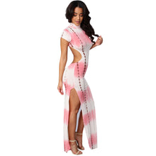 Turtleneck Two Sides Split Long  Dress Casual Backless Tie Dye Print Maxi Dress Long 60948 SM6