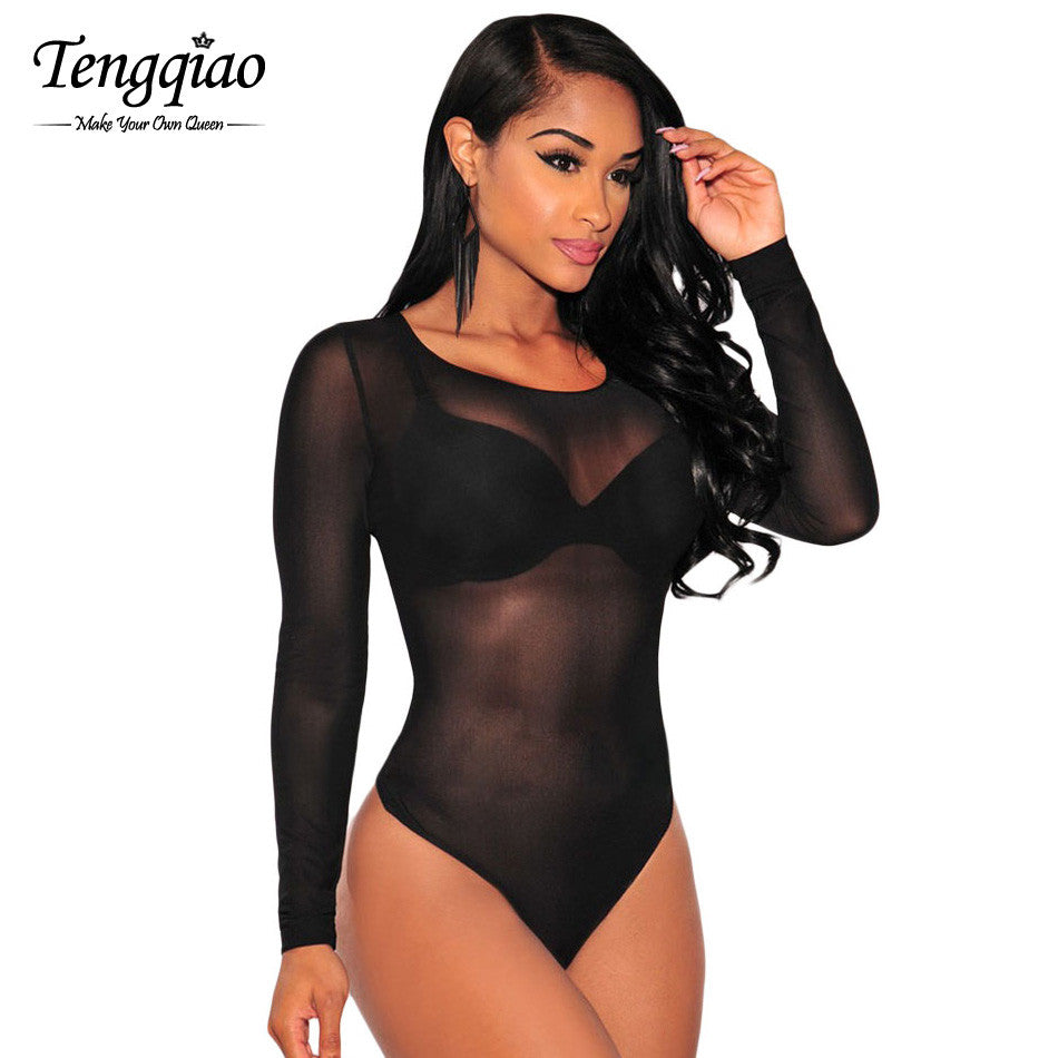 White Long Sleeve Sexy Nude Bodysuit Sheer Transparent Mesh Thong Lingerie Bodysuit Top Jumpsuit Romper Overall SM6