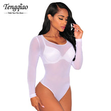 White Long Sleeve Sexy Nude Bodysuit Sheer Transparent Mesh Thong Lingerie Bodysuit Top Jumpsuit Romper Overall SM6