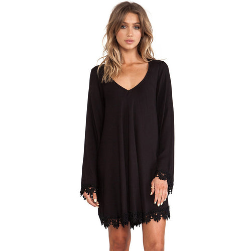 Black Lace Dress Short Skater Long Sleeve Casual Mini Dress a Line Solid Loose Dress For Wo SM6