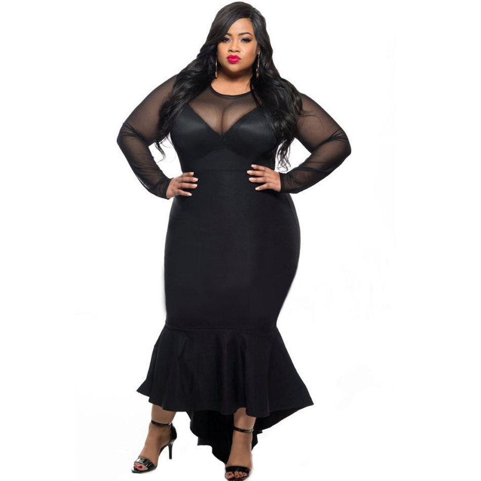 Mermaid Evening Long Party Dress Black See Through Mesh Long Sleeve Sexy Plus Size Dress XXXL Clothing SM6