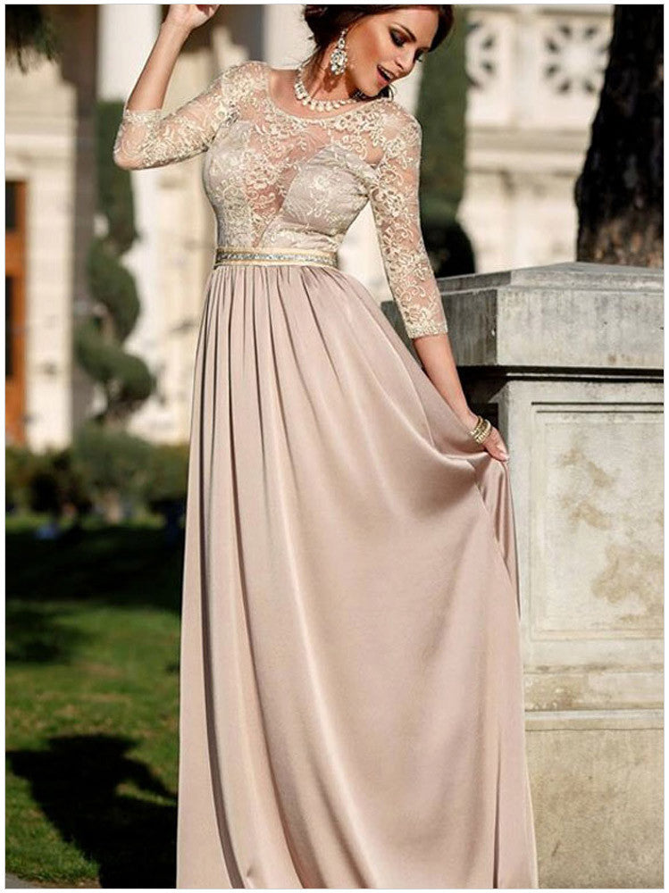 Wos Ball Gown Formal Dresses Pleated Long Lace Patchwork Dresses For Floor Length Pink Long  Maxi Dress SM6