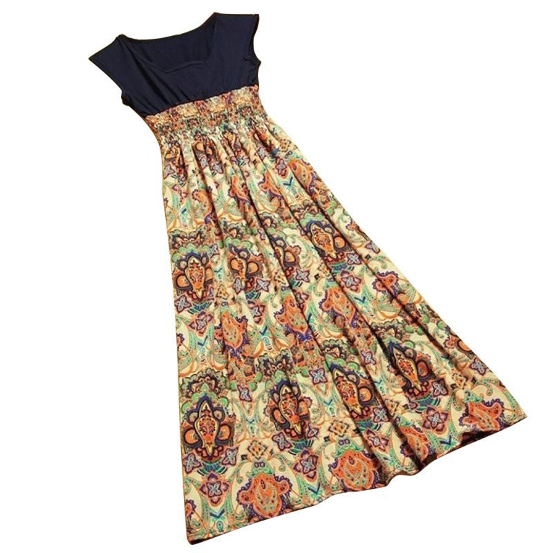 Women Vintage Bohemian Dress Casual Print Patchwork Long Style Beach Dresses SM6