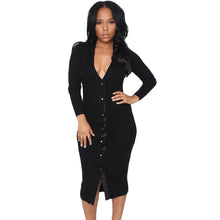 Dress Deep V Neck Button Long Shirt Dress Long Sleeve Black Midi Casual Sexy Pencil Dress For Wo SM6