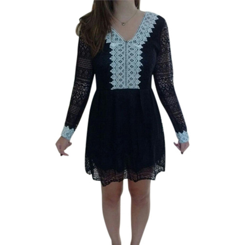 Women's V Neck Lace Long Sleeve Casual Party Cocktail Mini Dress S-XXL SM6