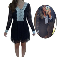 Women's V Neck Lace Long Sleeve Casual Party Cocktail Mini Dress S-XXL SM6