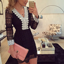 Women's V Neck Lace Long Sleeve Casual Party Cocktail Mini Dress S-XXL SM6