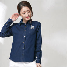 Autumn New Shirt Fashion Casual Female Long Sleeve Turn-down Collar Women Denim Cat Embroidery Blouse With Button 71865 SM6