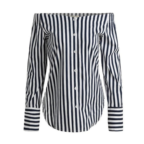 Black And White Stripe Women's Blouses Off The Shoulder Blouse Slash Neck Long Sleeve Women Shirts Tops camisetas mujer #23 SM6