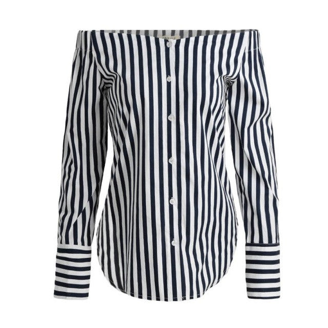 Black And White Stripe Women's Blouses Off The Shoulder Blouse Slash Neck Long Sleeve Women Shirts Tops camisetas mujer #23 SM6
