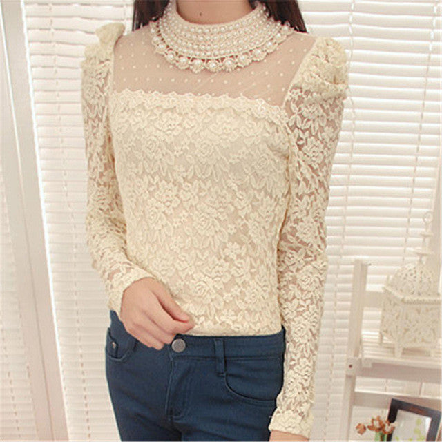 Blusas femininas Casual Women Hollow Out Blouses Long Sleeve Tops Autumn Vintage Bow Lace Thick Print Shirts 71765 SM6
