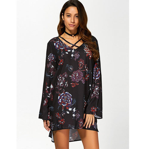 Boho Style women  mini Sexy Floral Print Bandage Dress Casual Loose Mini Club Party Dresses Ladies Short Vestidos #23 SM6