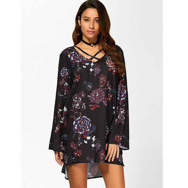 Boho Style women  mini Sexy Floral Print Bandage Dress Casual Loose Mini Club Party Dresses Ladies Short Vestidos #23 SM6