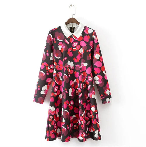 Brand Floral Print Vestidos Plus Size Sexy A-line Knee-Length Dress Brief Full Sleeve Peter Pan Collar Women Dresses 72099 SM6
