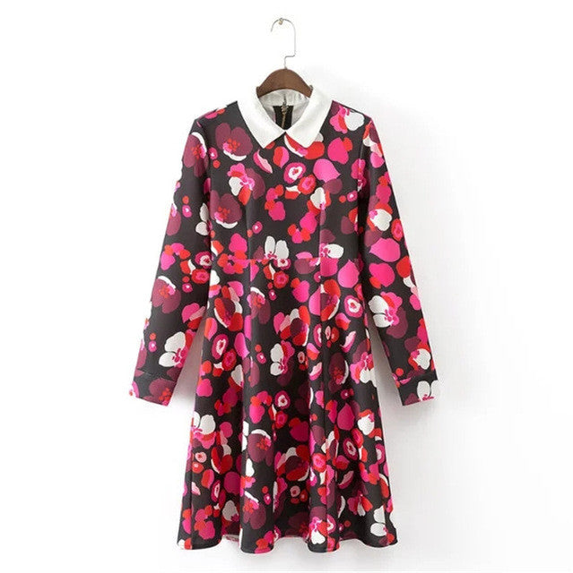 Brand Floral Print Vestidos Plus Size Sexy A-line Knee-Length Dress Brief Full Sleeve Peter Pan Collar Women Dresses 72099 SM6