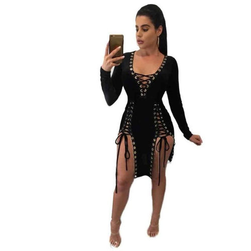 Club Wear Dresses Womens Sexy Full Bandage Lacing Up Hollow Out Deep v Neck Irregular Ladies Dress vestidos &02 SM6