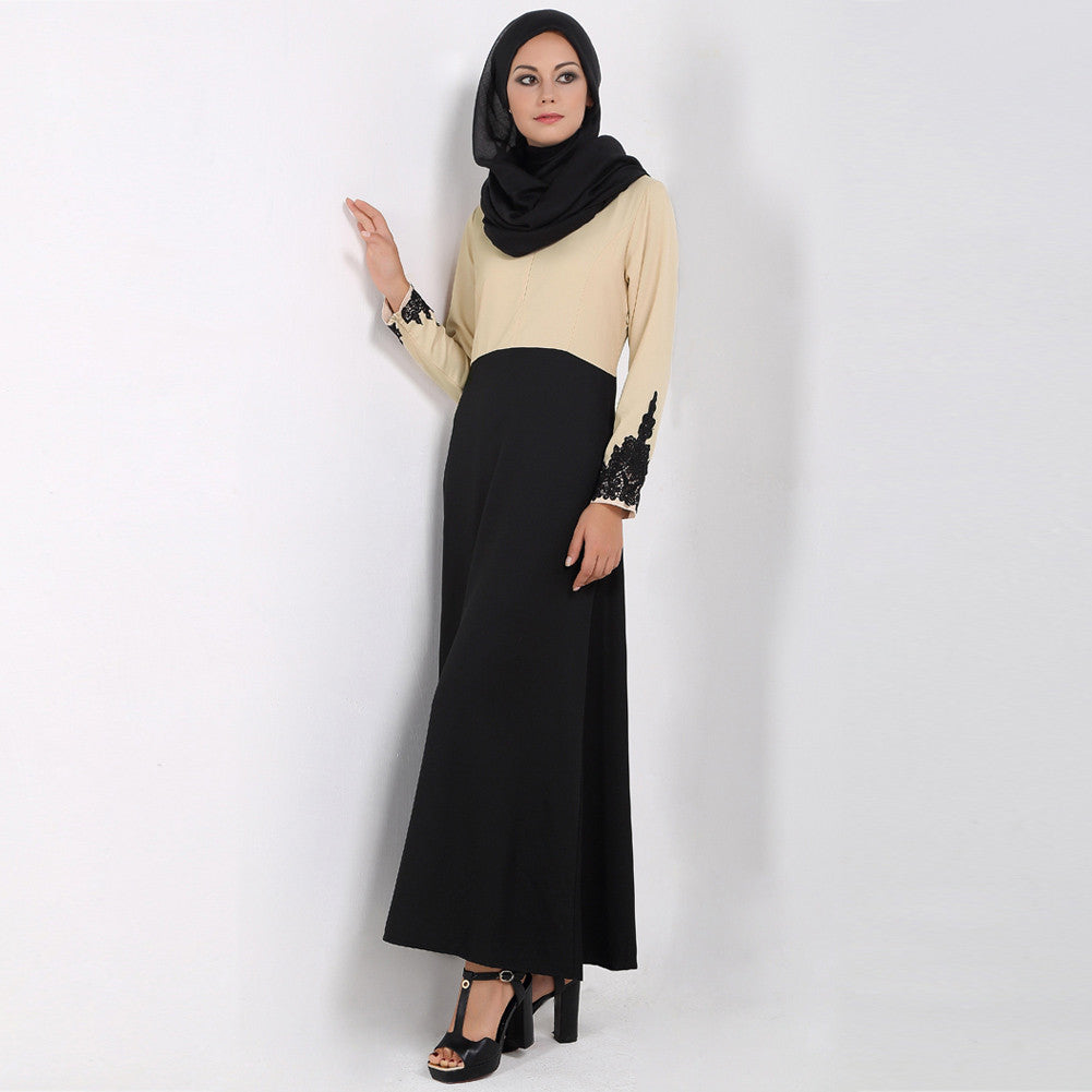 Fall Women Spliced Muslim Dress Long Sleeve Embroidered Flower Islamic Abaya Dubai Caftan Dress Maxi Robe Vestidos SM6