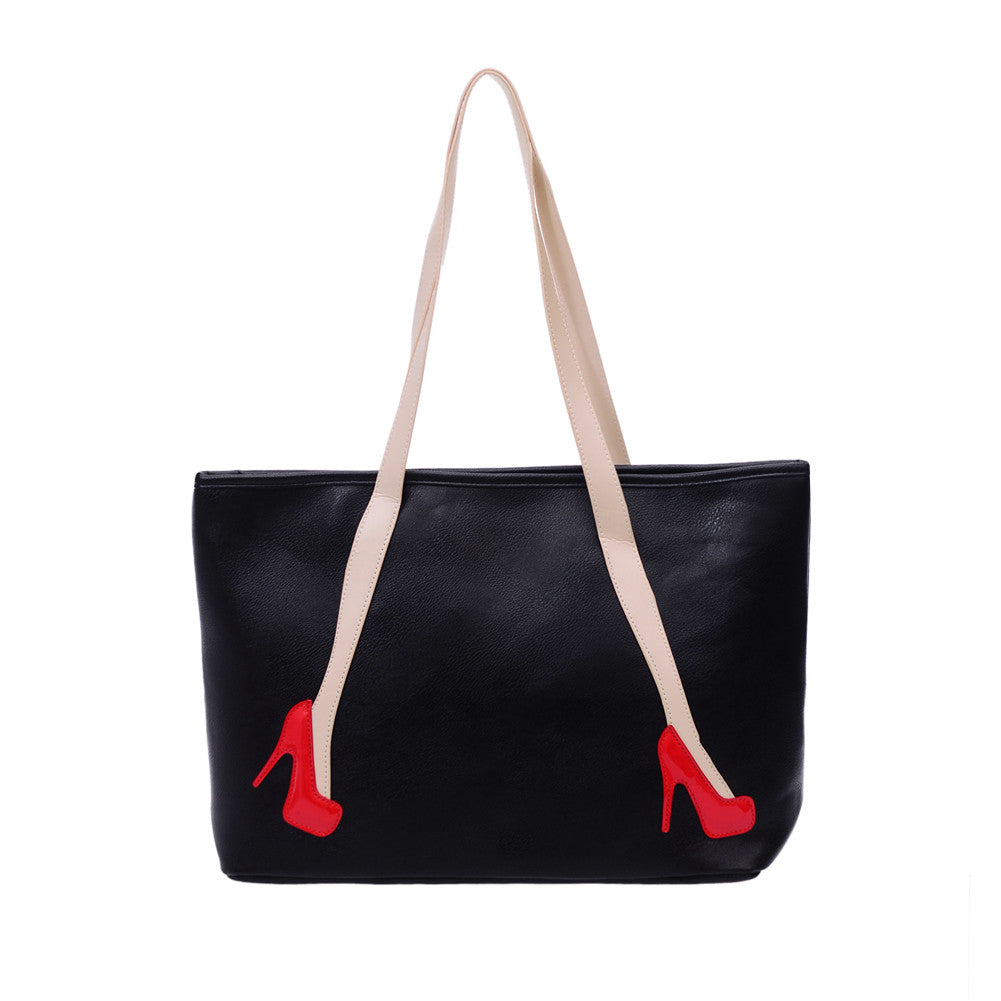 Women PU Leather Handbag High Heels Pattern Zipper Large Capacity Shoulder Tote Bag Designer Black Bolsa Feminina SM6
