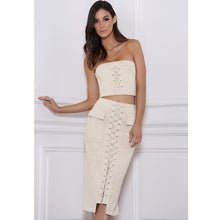 Runway Women Faux Suede Crop Top Skirt Set 2 Piece Top High Waist Midi Skirt Vintage Pocket Preppy Lace Up Bodycon Suit Set SM6
