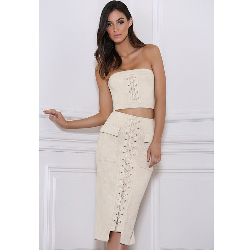 Runway Women Faux Suede Crop Top Skirt Set 2 Piece Top High Waist Midi Skirt Vintage Pocket Preppy Lace Up Bodycon Suit Set SM6