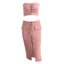 Runway Women Faux Suede Crop Top Skirt Set 2 Piece Top High Waist Midi Skirt Vintage Pocket Preppy Lace Up Bodycon Suit Set SM6