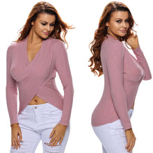 Sexy Women Solid T-shirt Crossover Front Irregular Hem Ladies Clothes Deep V-Neck Pullover Casual Elegant Top Shirt Pink SM6