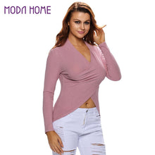 Sexy Women Solid T-shirt Crossover Front Irregular Hem Ladies Clothes Deep V-Neck Pullover Casual Elegant Top Shirt Pink SM6