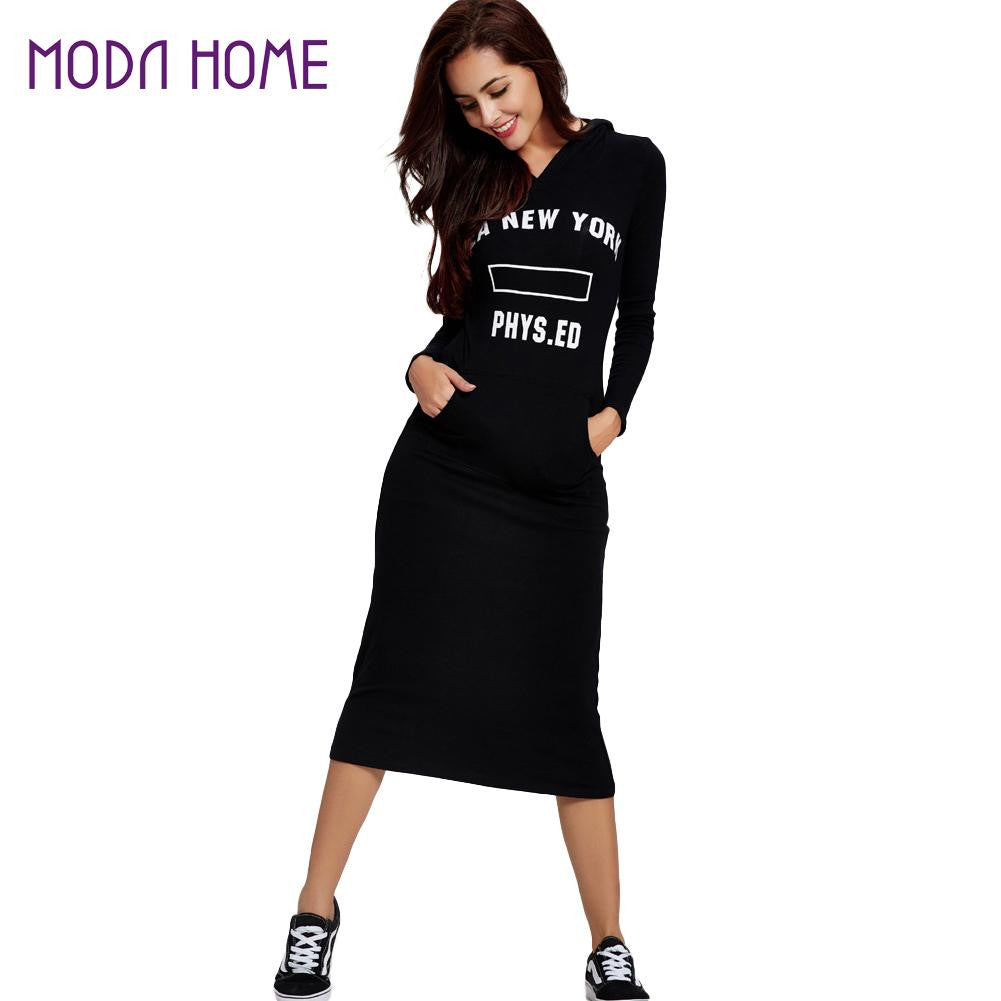 Women Casual Shirt Dress Letter Printed Hoodie Sweatshirt Dress Long Sleeve Slim Pullover Hooded Dress Black SM6
