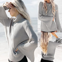 Women Basic Turtle Neck Knitwear Striped Split Flare Sleeve Maglioni Donna Inverno Loose Casual Pullover Sweater Jumper Top SM6