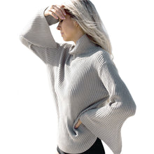 Women Basic Turtle Neck Knitwear Striped Split Flare Sleeve Maglioni Donna Inverno Loose Casual Pullover Sweater Jumper Top SM6